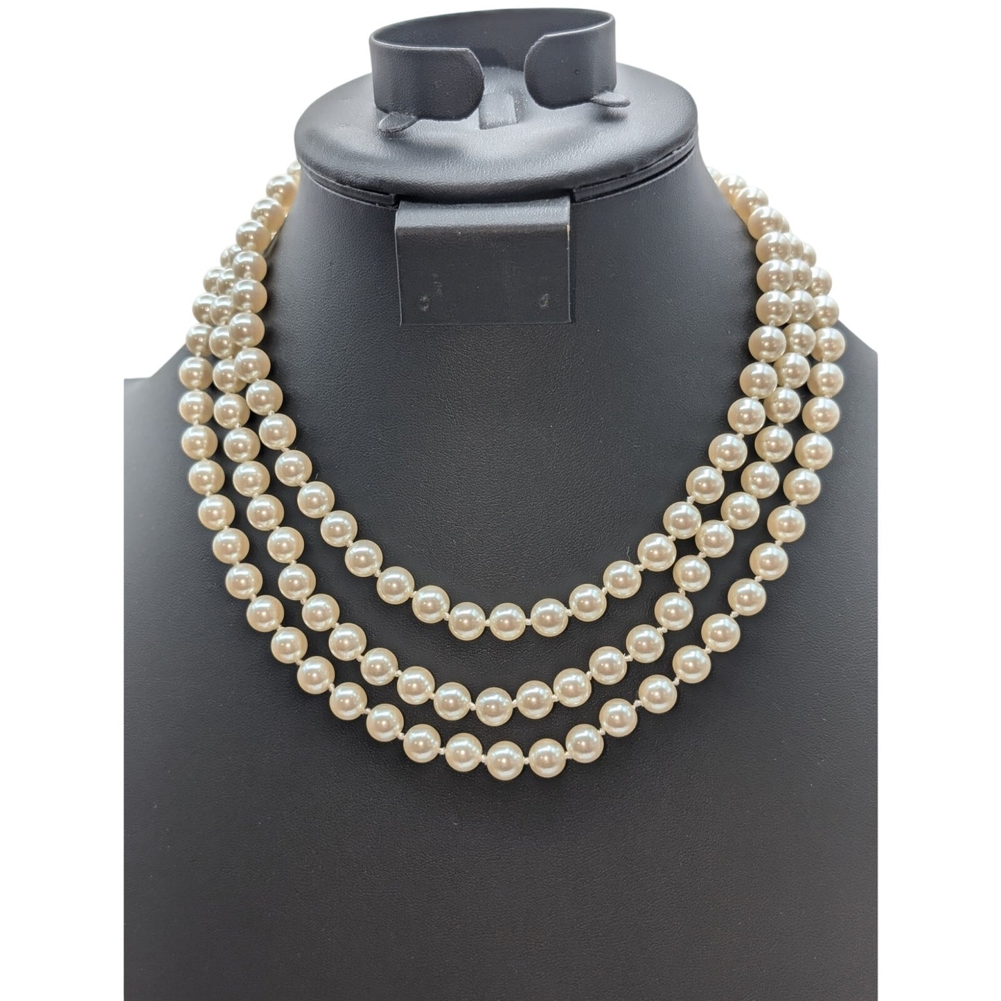 Carolee Three Strand Glass Faux Pearl Fancy Clasp Slide In 17" Necklace
