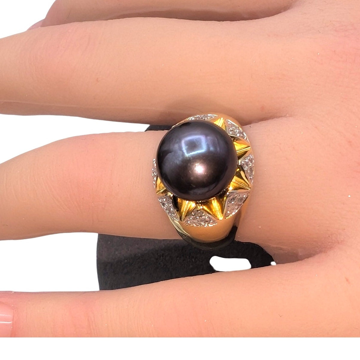 925 Sterling Gold Vermeil Purple Pearl & Diamond Accent Statement Ring Size 6.75