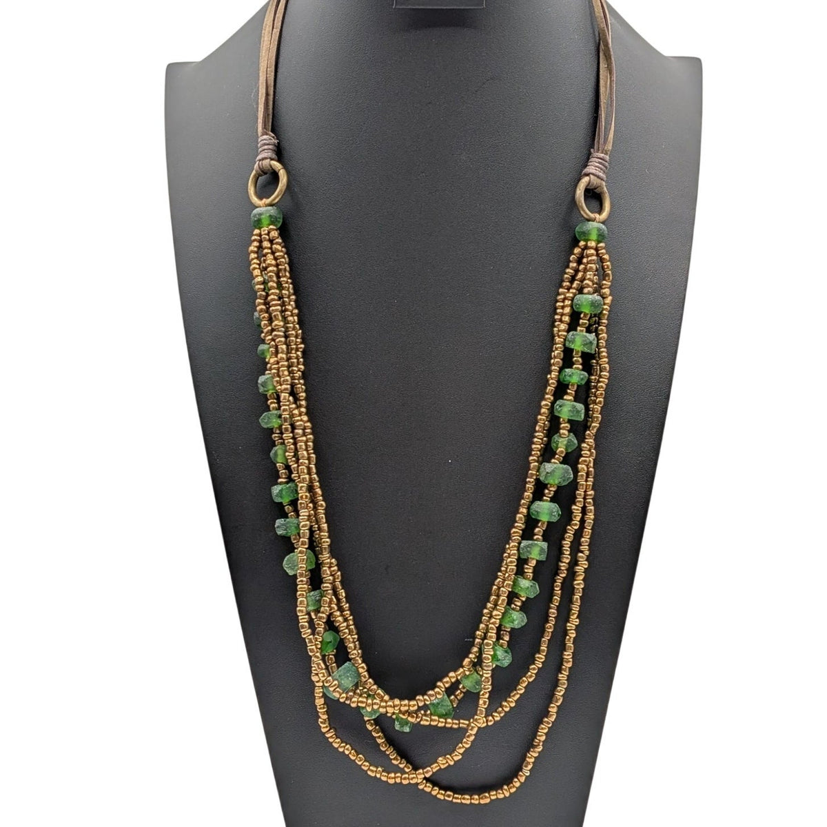 Boho Multi-Strand Leather Cord Bronze Seed Bead & Green Sea Glass Bead Necklace