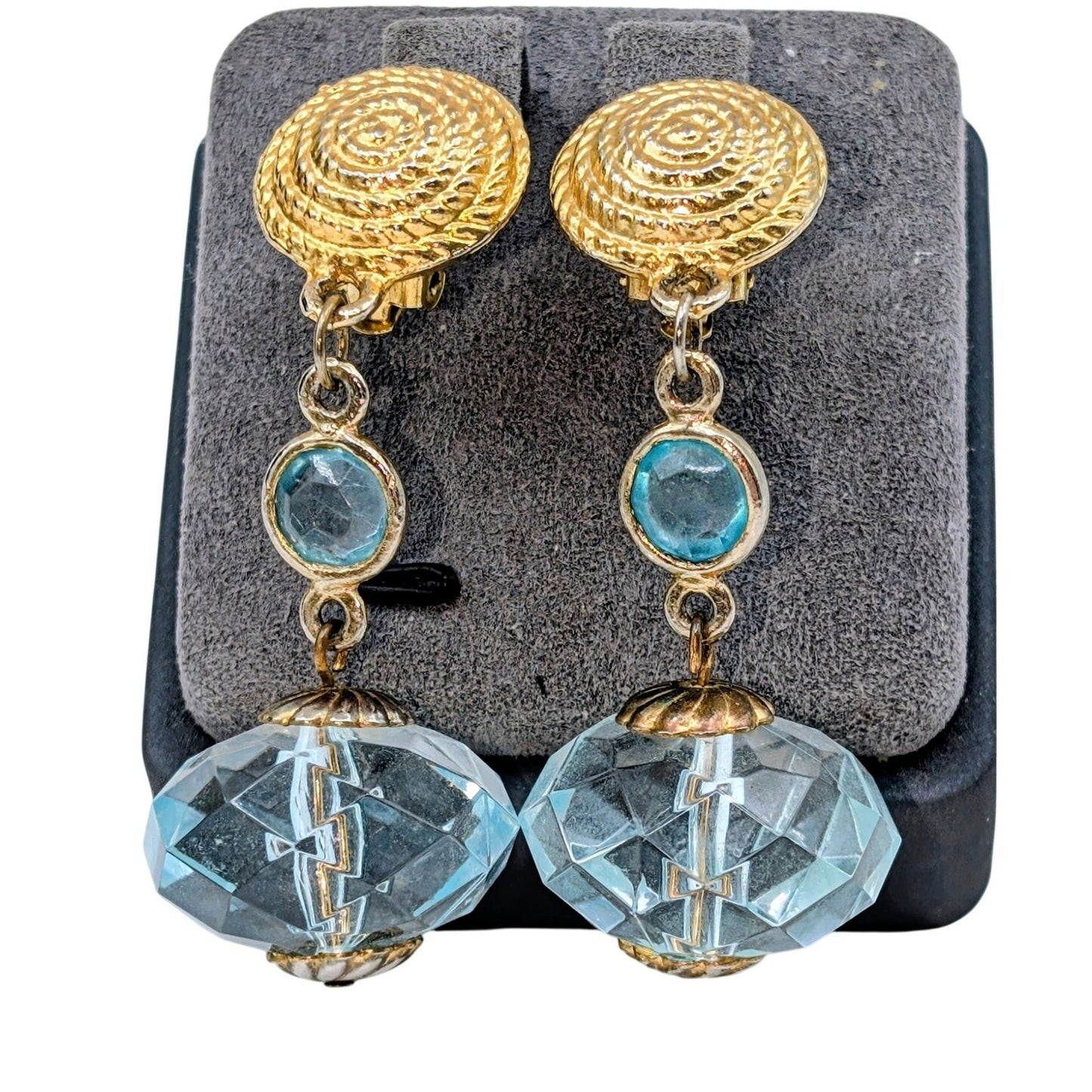 Vintage Light Blue Lucite Gold Tone Rope Design Clip On Dangle Earrings