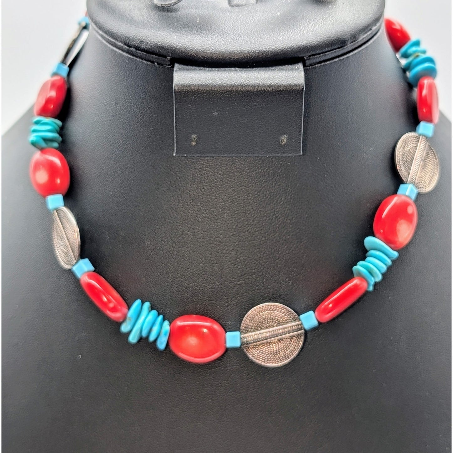 925 Sterling Sliver Modern Southwestern 16" Necklace w/ Coral & Turquoise 50.5g