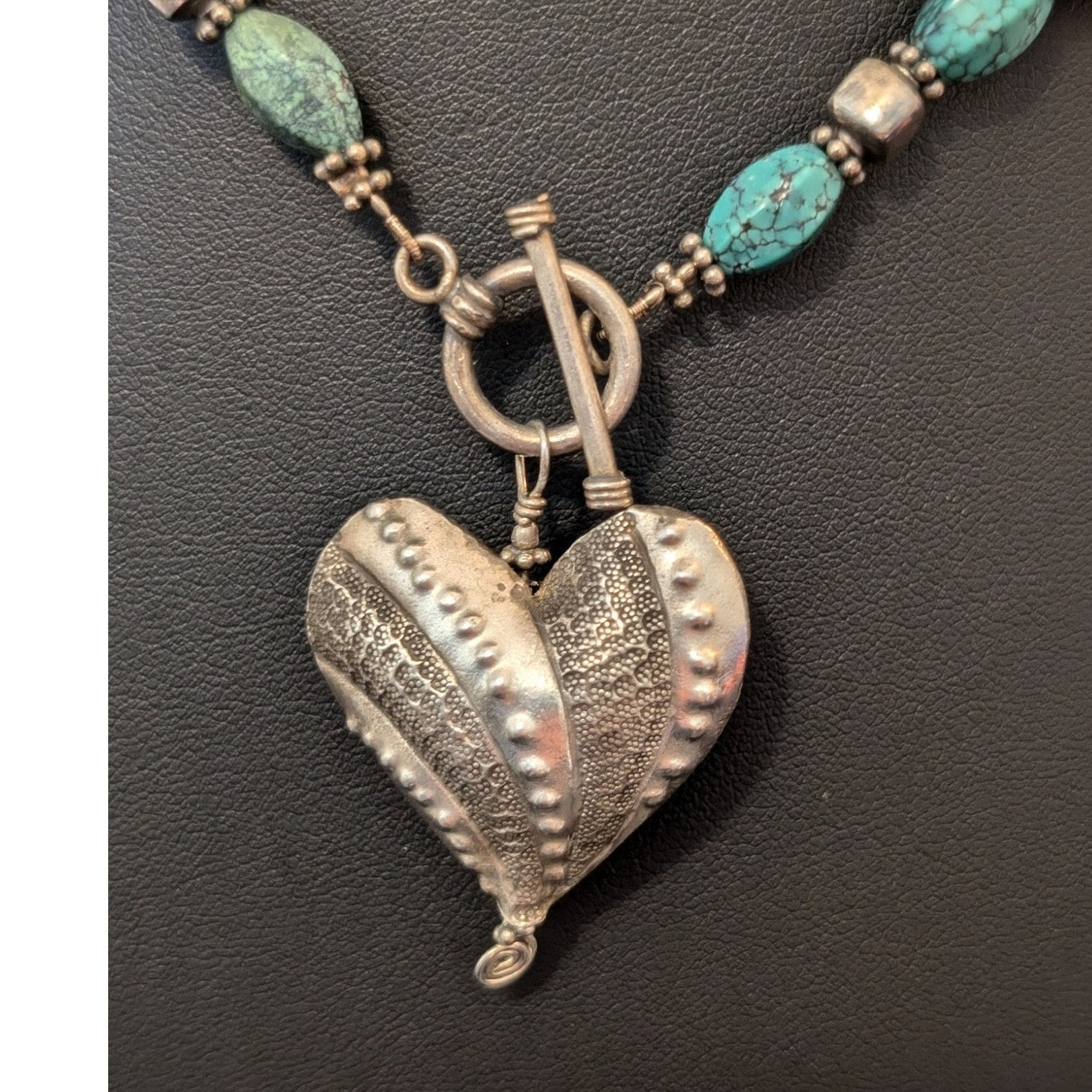 925 Textured Puff Heart Pillow Square & Turquoise Bead Toggle Clasp Necklace