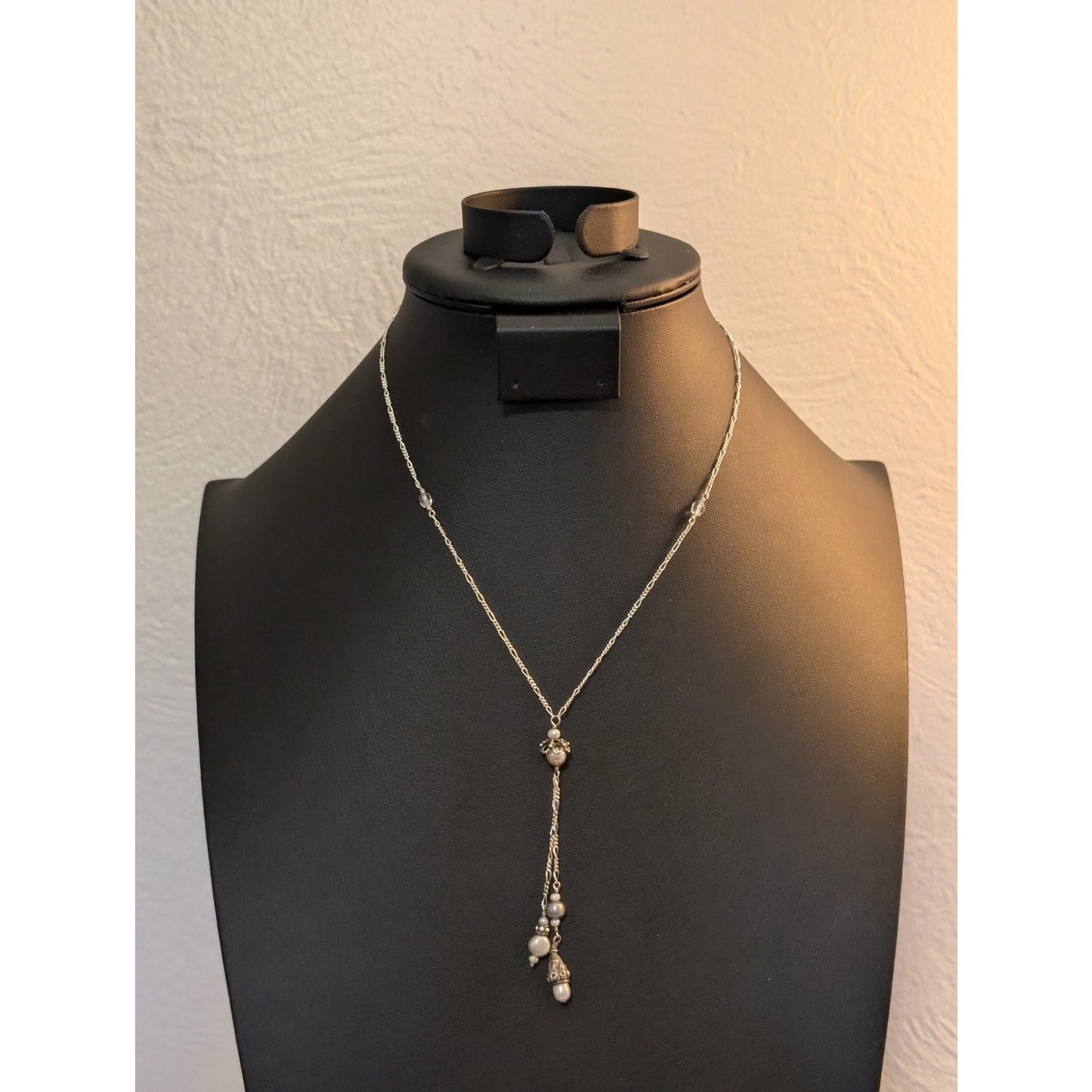 Vtg Sterling Silver Figaro Gray White Multi-Shaped Pearl Crystal Y Necklace