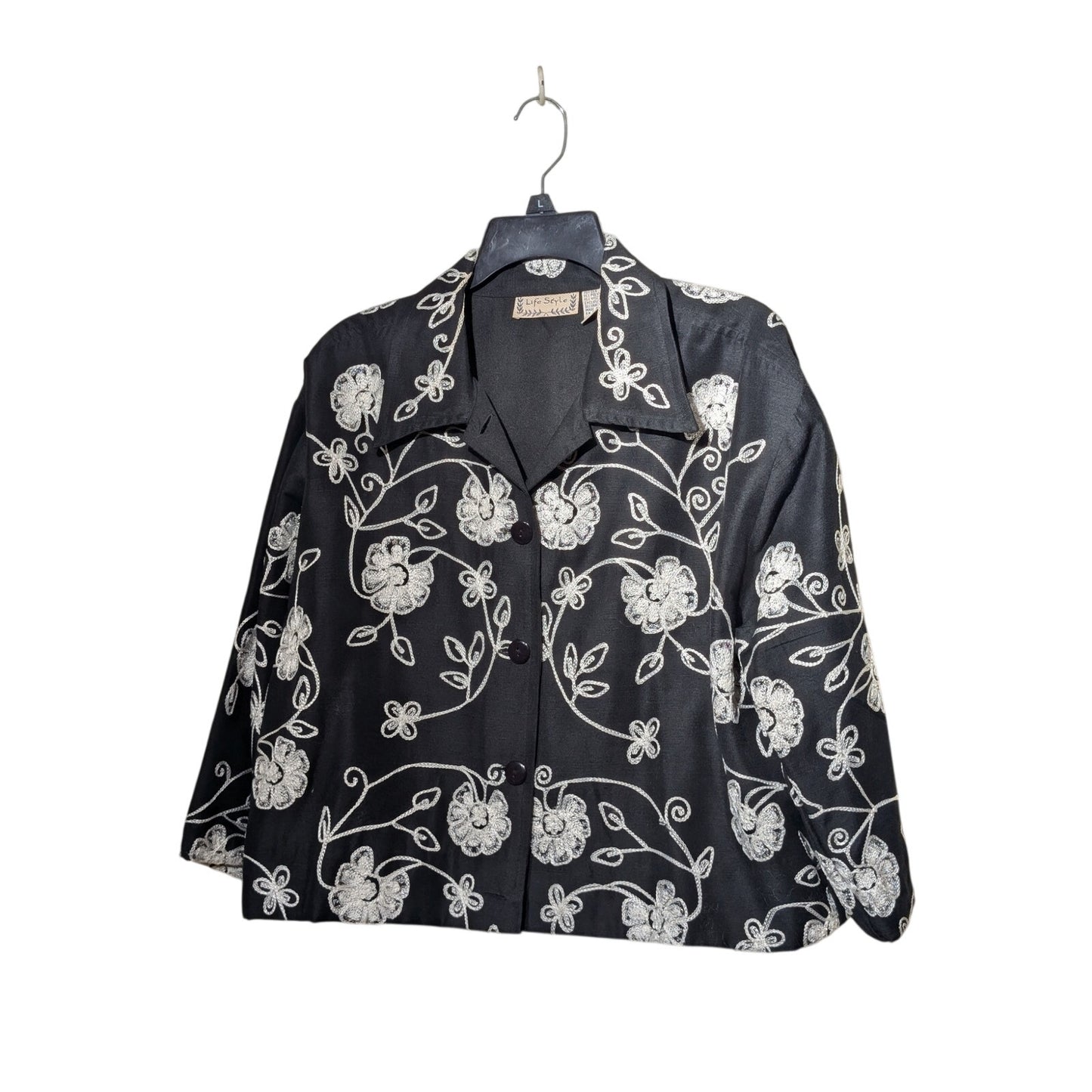 Life Style Black White Floral Embroidered Button Front Silk Blend Jacket Sz XL
