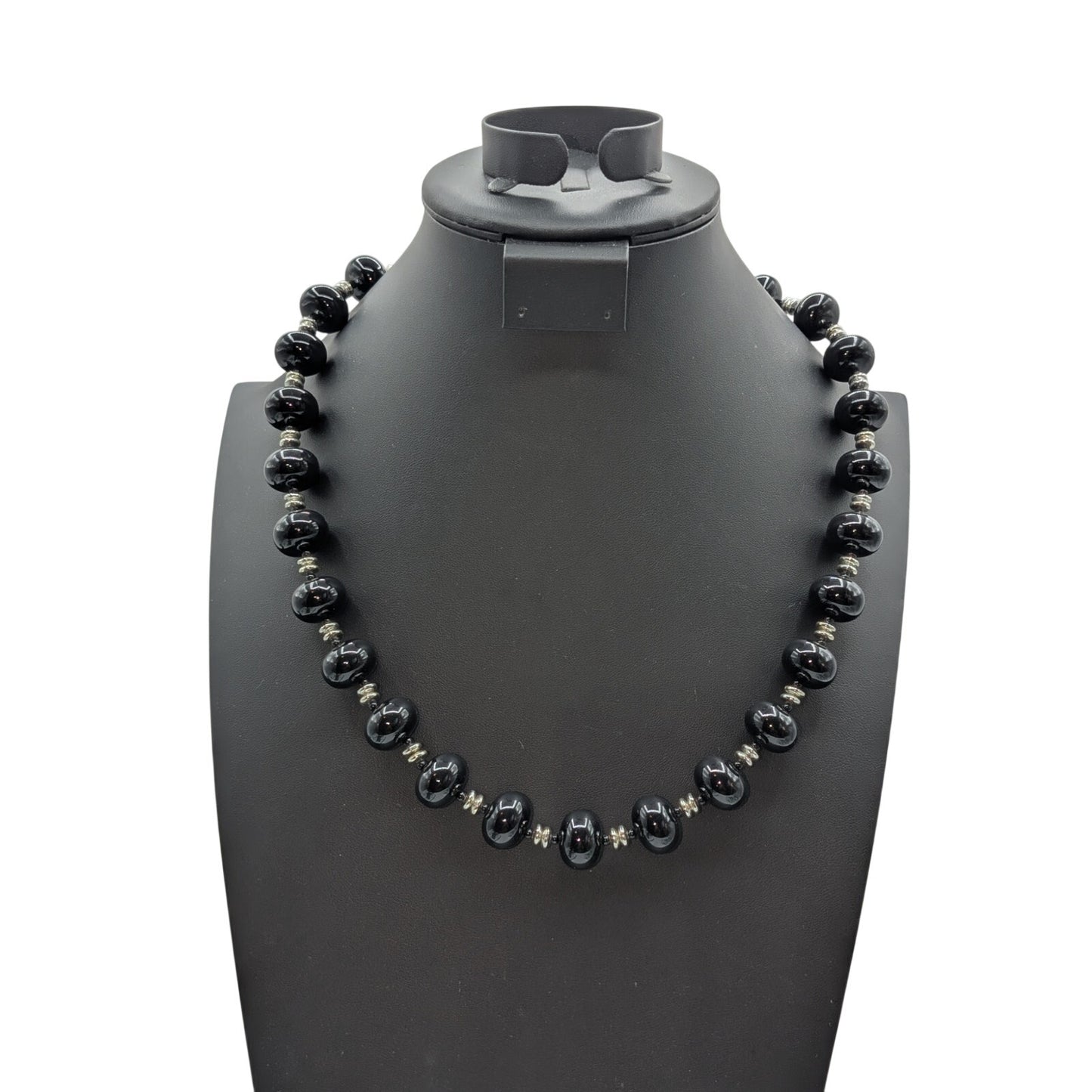 Vintage Black Oval Silver & Black Acrylic Spacer Bead 24.5" Necklace