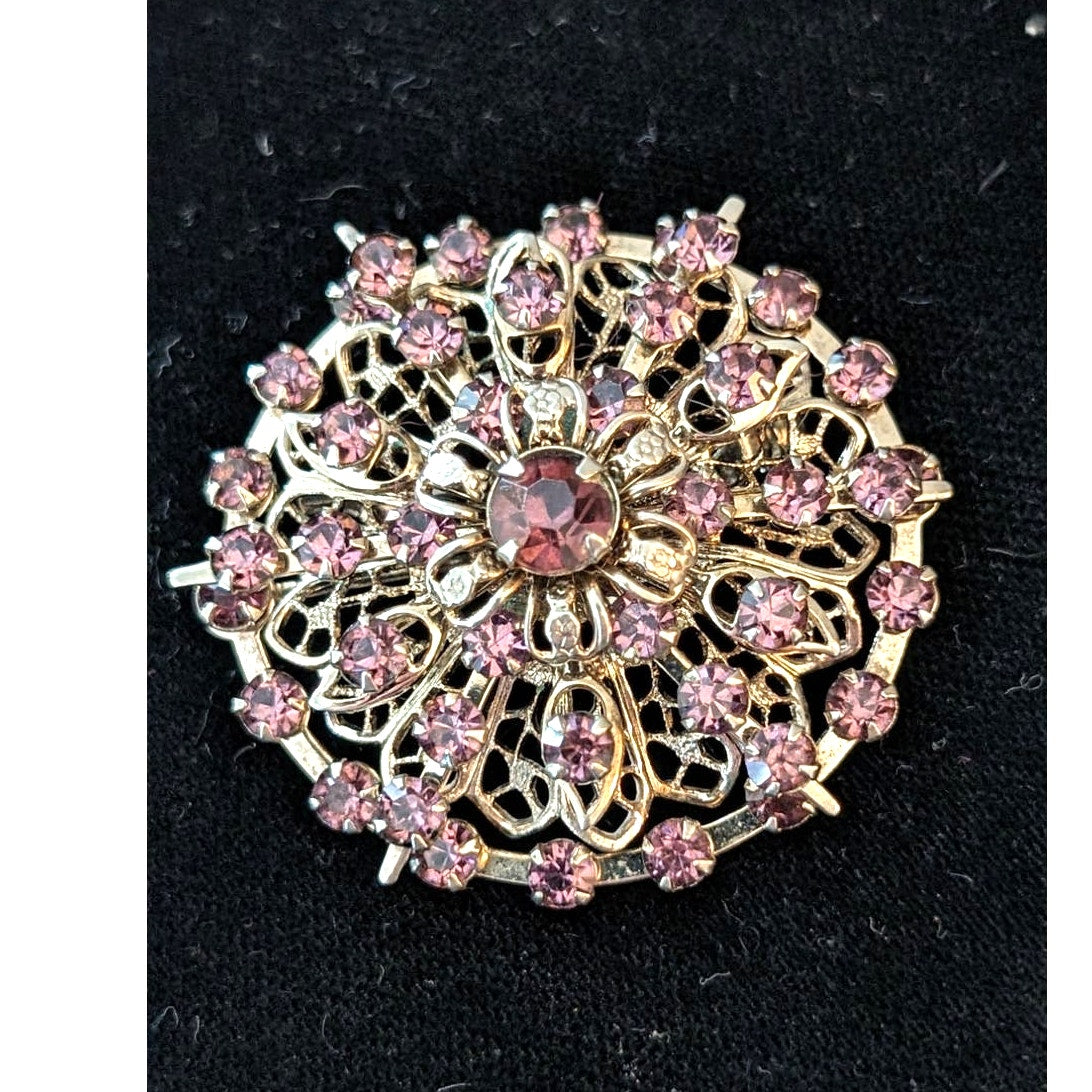 Vintage Silver Tone Purple Crystal Three Dimensional Flower Brooch