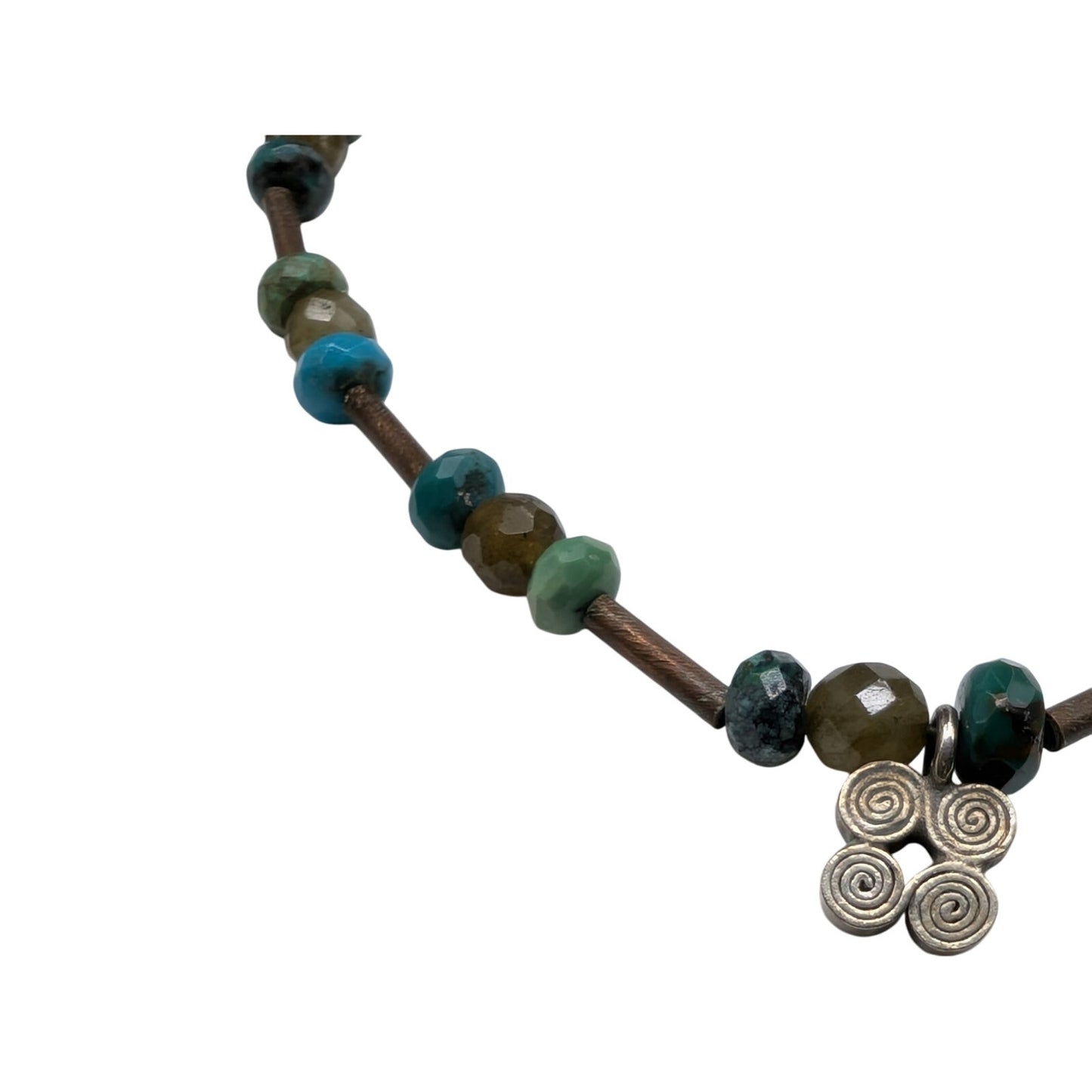 925 Sterling Silver Turquoise & Glass Copper Rod Beaded 11" Ankle Bracelet