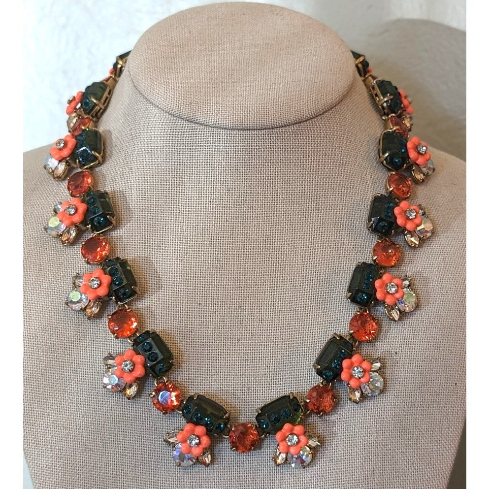 J. Crew Floral Orange Green Jewel Statement Necklace