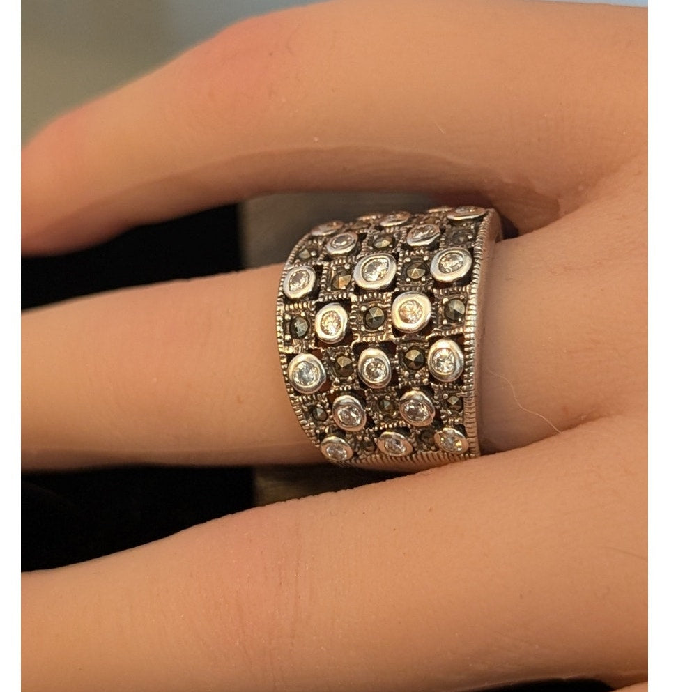 Vtg Sterling Silver 925 Marcasite Cubic Zirconia Wide Band Ring Size 7.5 10.14g