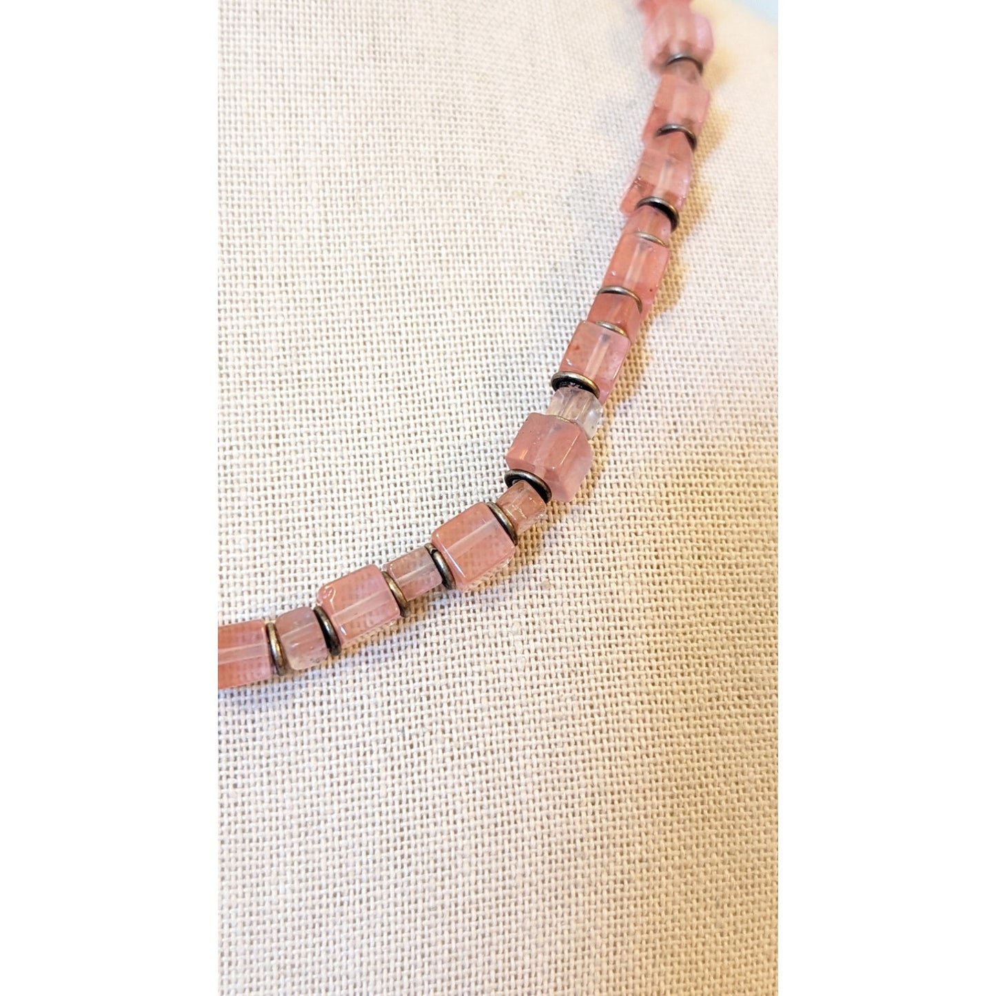 Vintage Pink Square Glass Bead Sterling Silver 17" Necklace