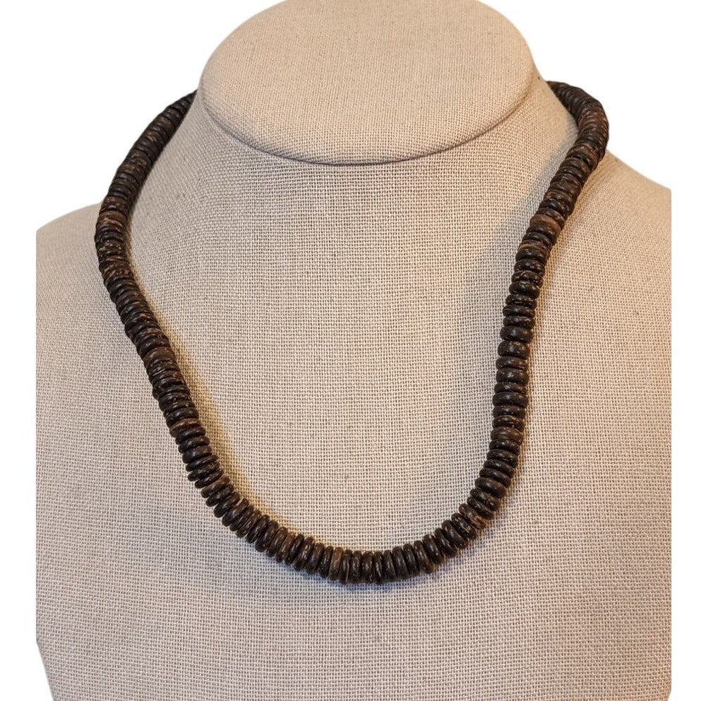 Vintage Brown Coconut Wood Bead Barrel Clasp 18.5" Necklace