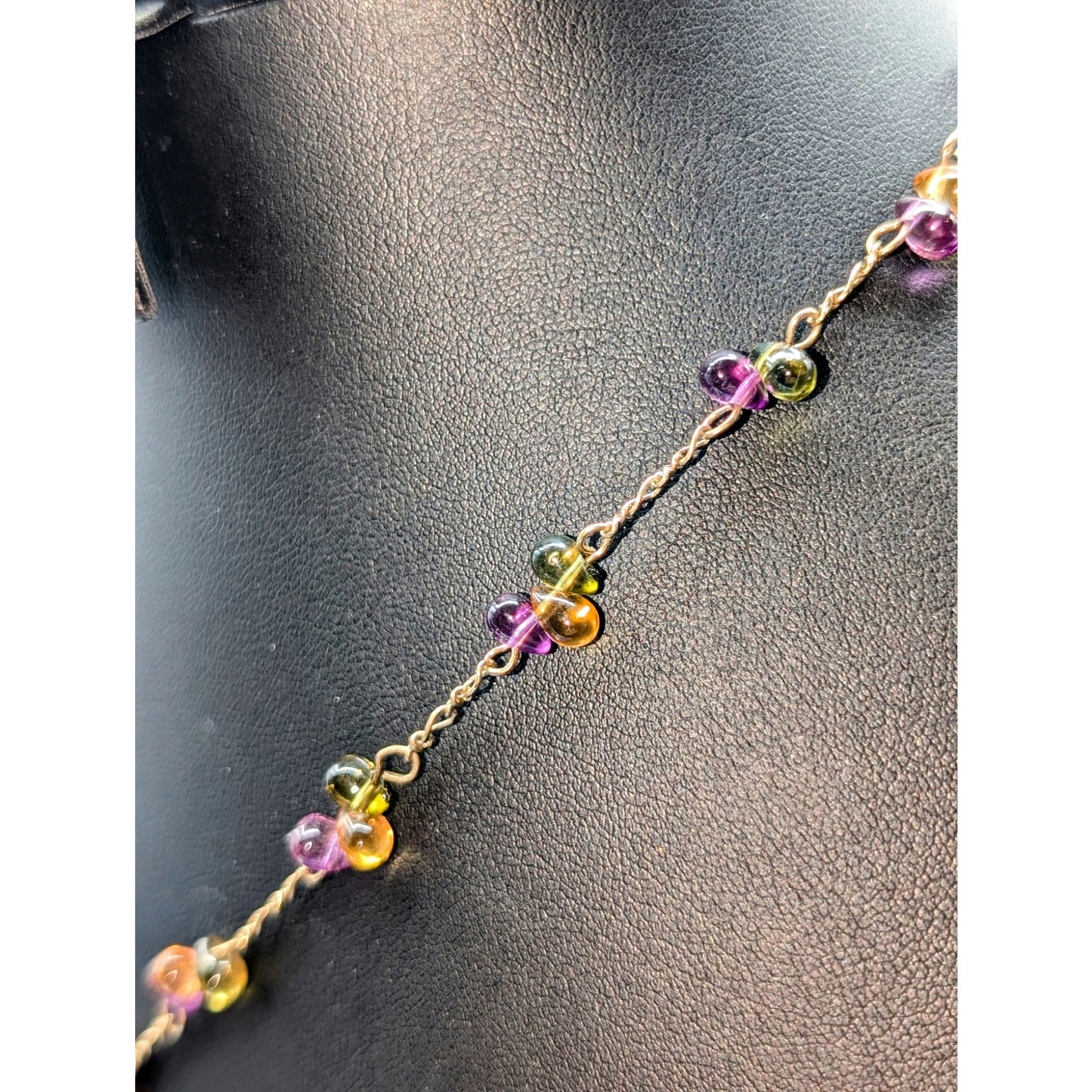 Gold Tone Purple Green Gold Glass Teardrop Bead Y Dangle 16.5" Necklace
