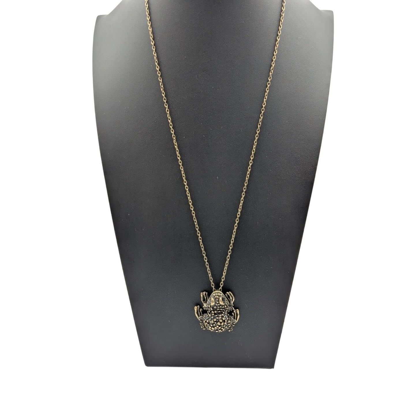 Antiqued Bronze Black Crystal Eye Metal Frog Pendant 30" Chain Necklace