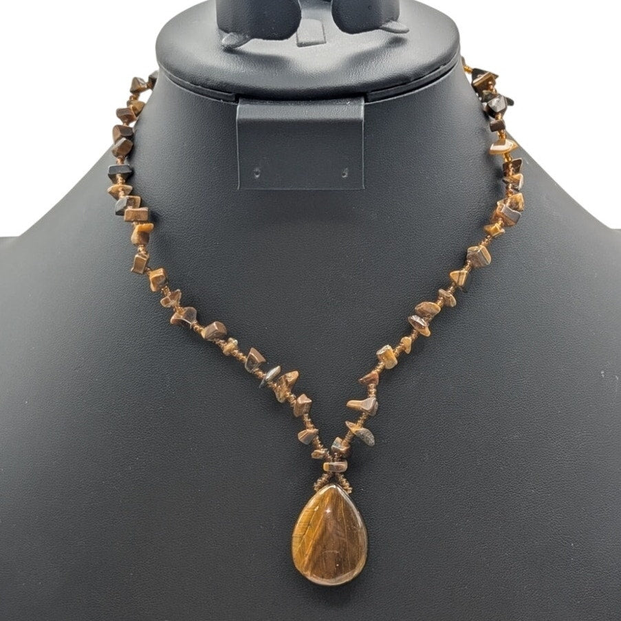 Vintage Tiger's Eye Chip Bead Pendant Barrel Clasp 17" Necklace