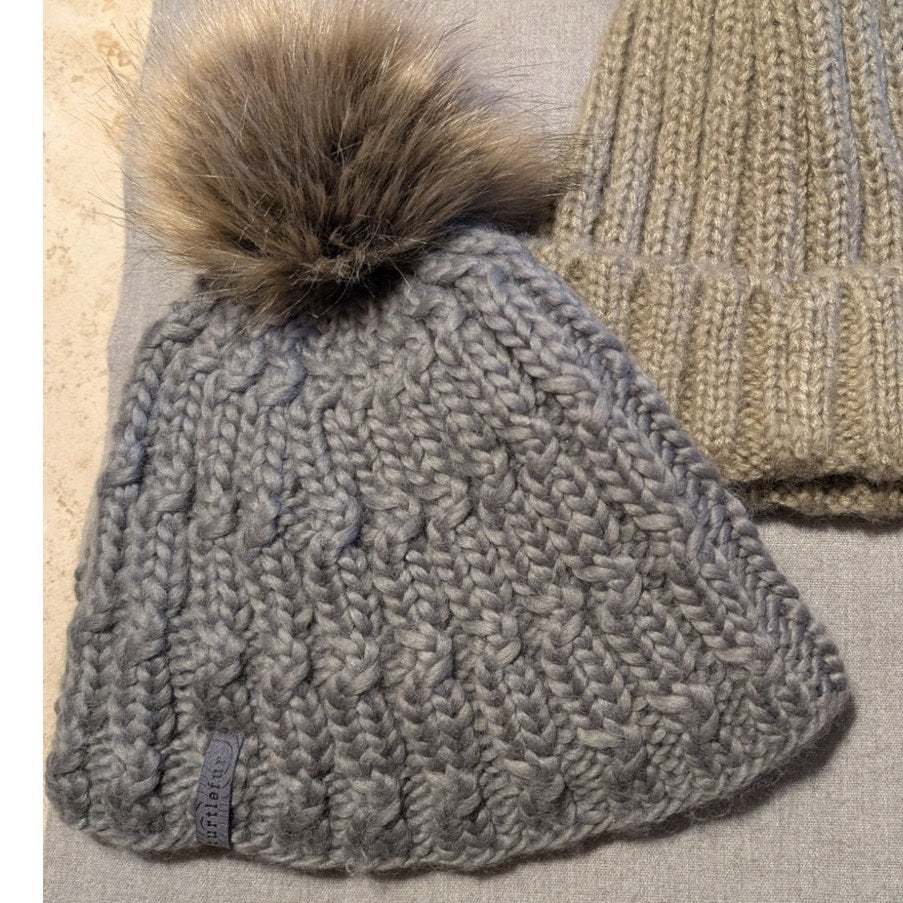 Turtle Fur Gray Fifi Cable Knit Merino Wool Plush Fleece Lined Faux Pom Beanie
