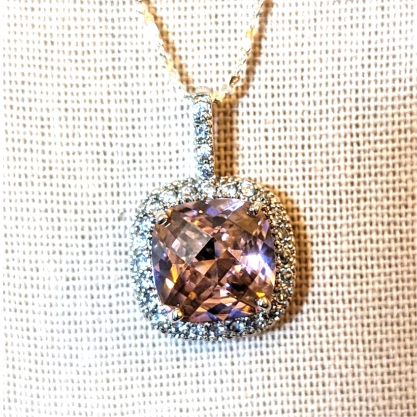 925 Silver Checkerboard Faceted Pink Cushion Set Glass Stone W/ CZ Necklace