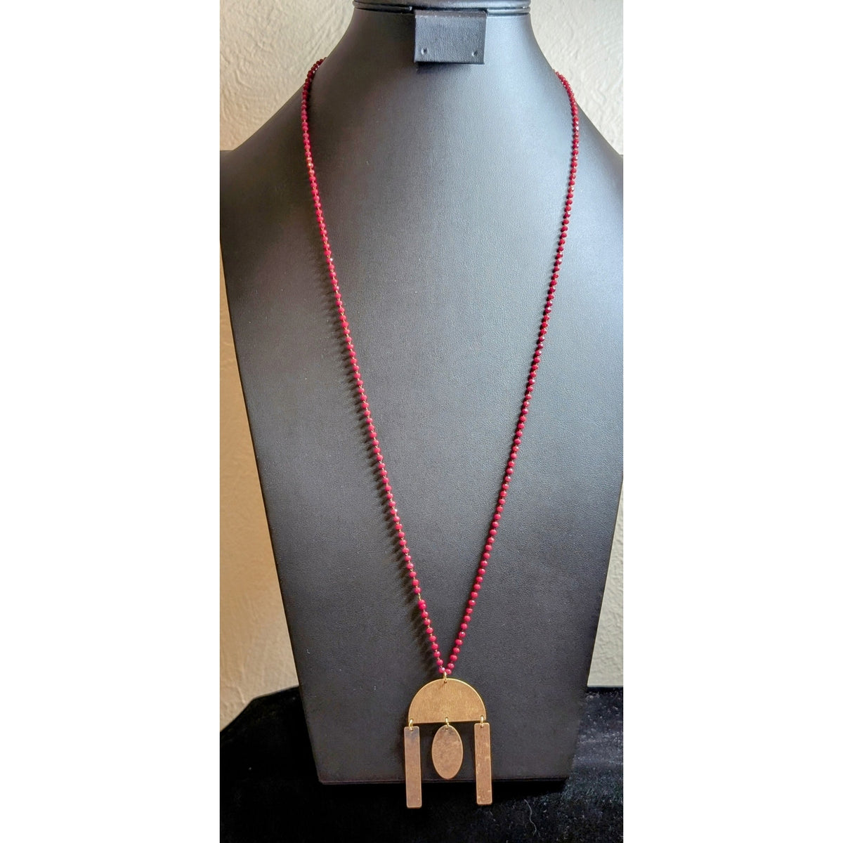 Jane Marie Red Crystal Beaded Chain Dangly Gold Tone Pendant 32"-35" Necklace