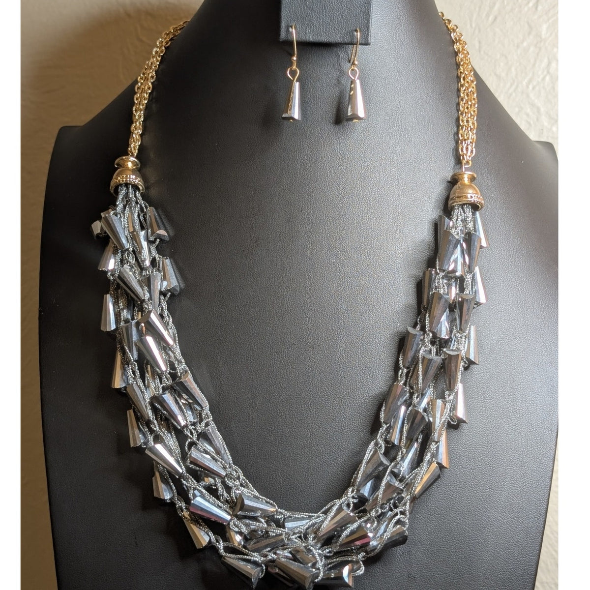 Multi-Layer Crochet Metallic Bead Two Tone Statement Necklace & Earring Set