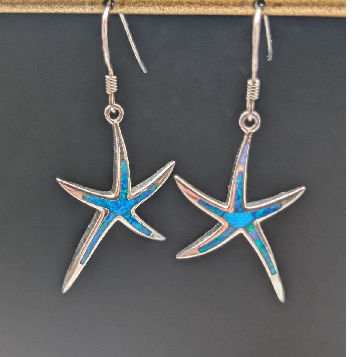 Vintage 925 Sterling Silver Opal Dancing Starfish Dangle Earrings