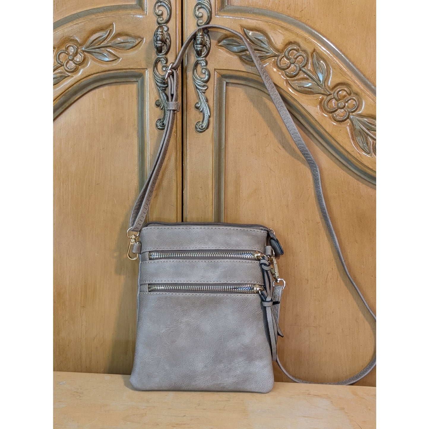 Beige Cross Body Faux Leather Compartment Purse