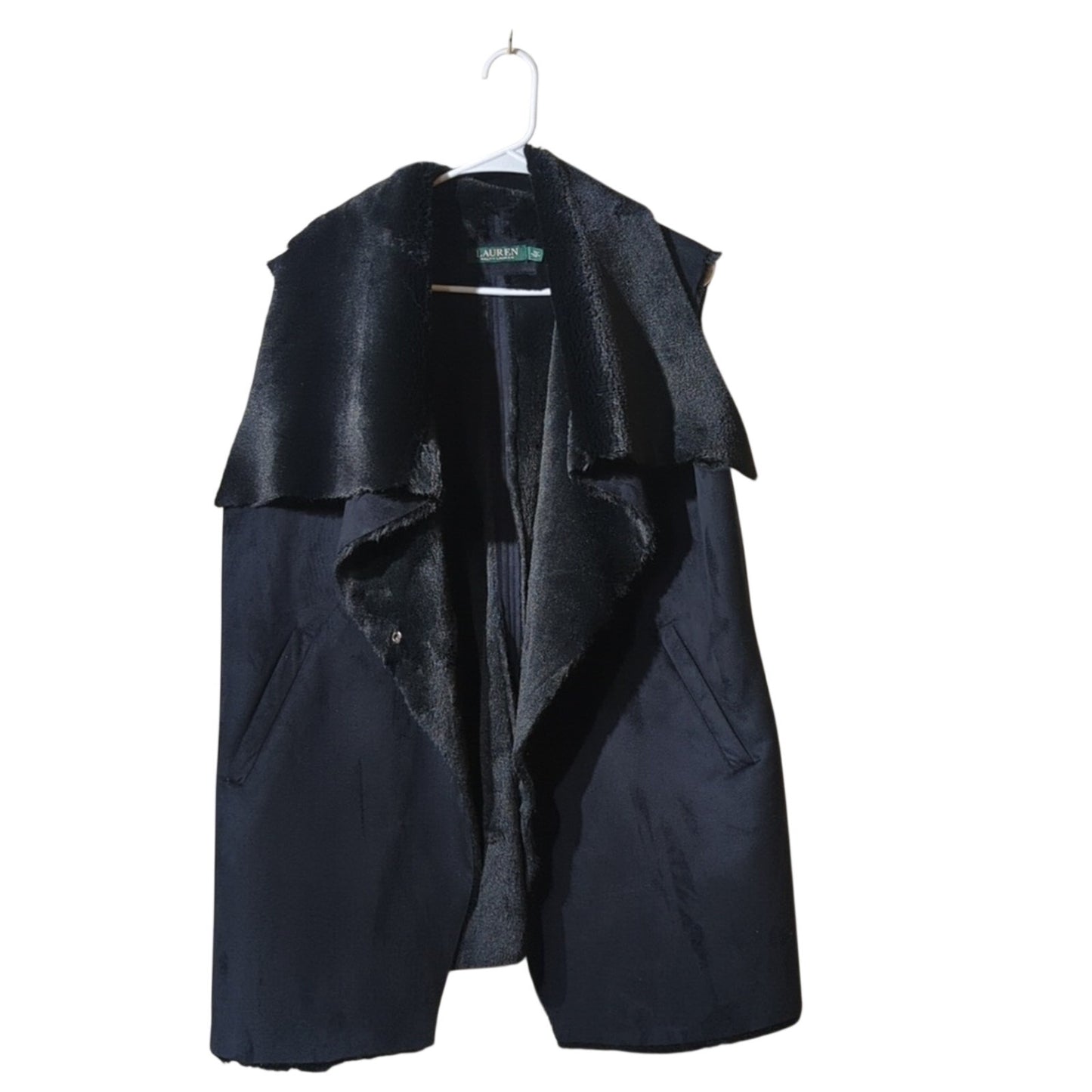 Lauren Ralph Lauren Women's Black Faux Suede/Fur Slant Pocket Vest Size L