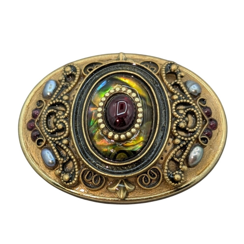 Vintage Michal Golan Signed Oval Gold Plated Garnet Abalone Brooch/Pendant