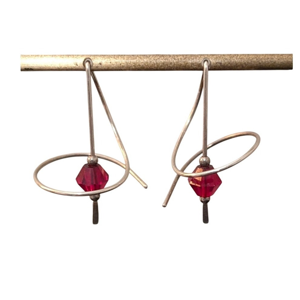 Vintage Signed ME 925 Sterling Red Crystal Bead Ear Spiral Ear Wire Earrings