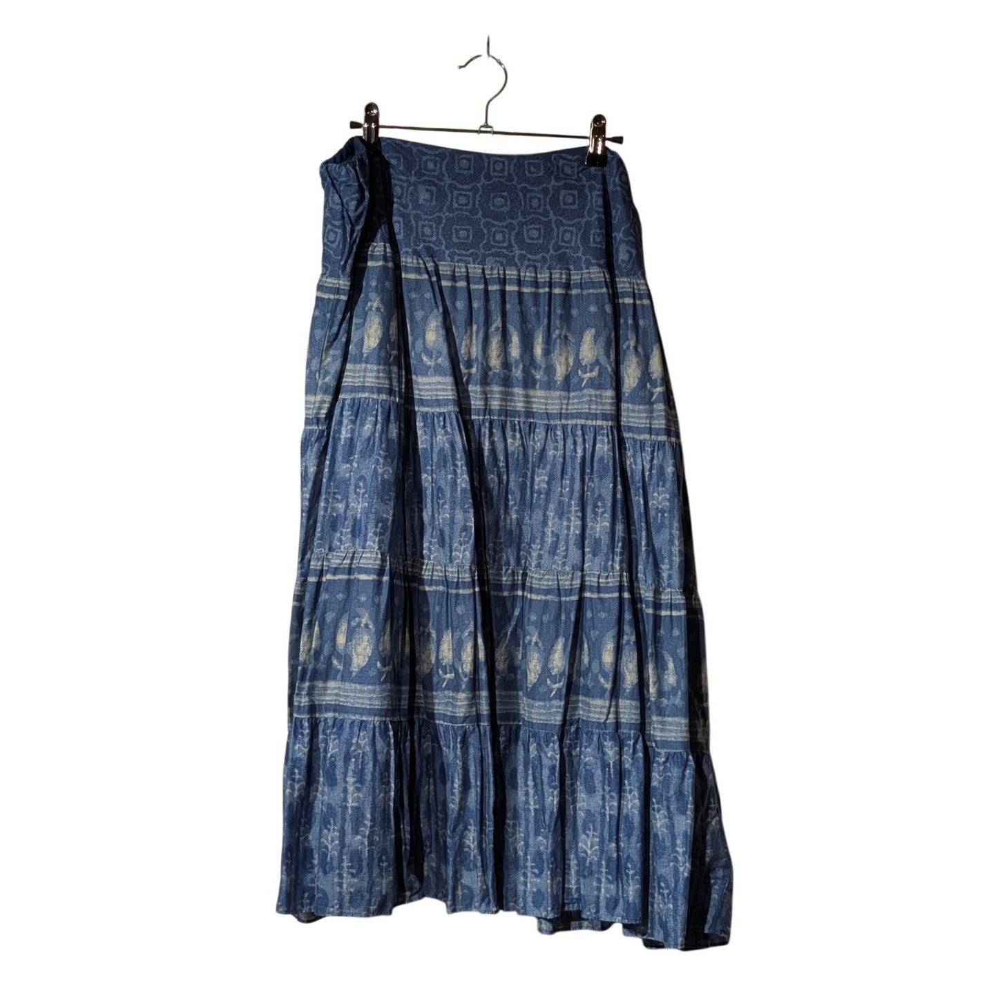 Chaps Boho Prairie Tiered Blue Cotton Shibori Tie Dye Pull On Midi Skirt Sz XL