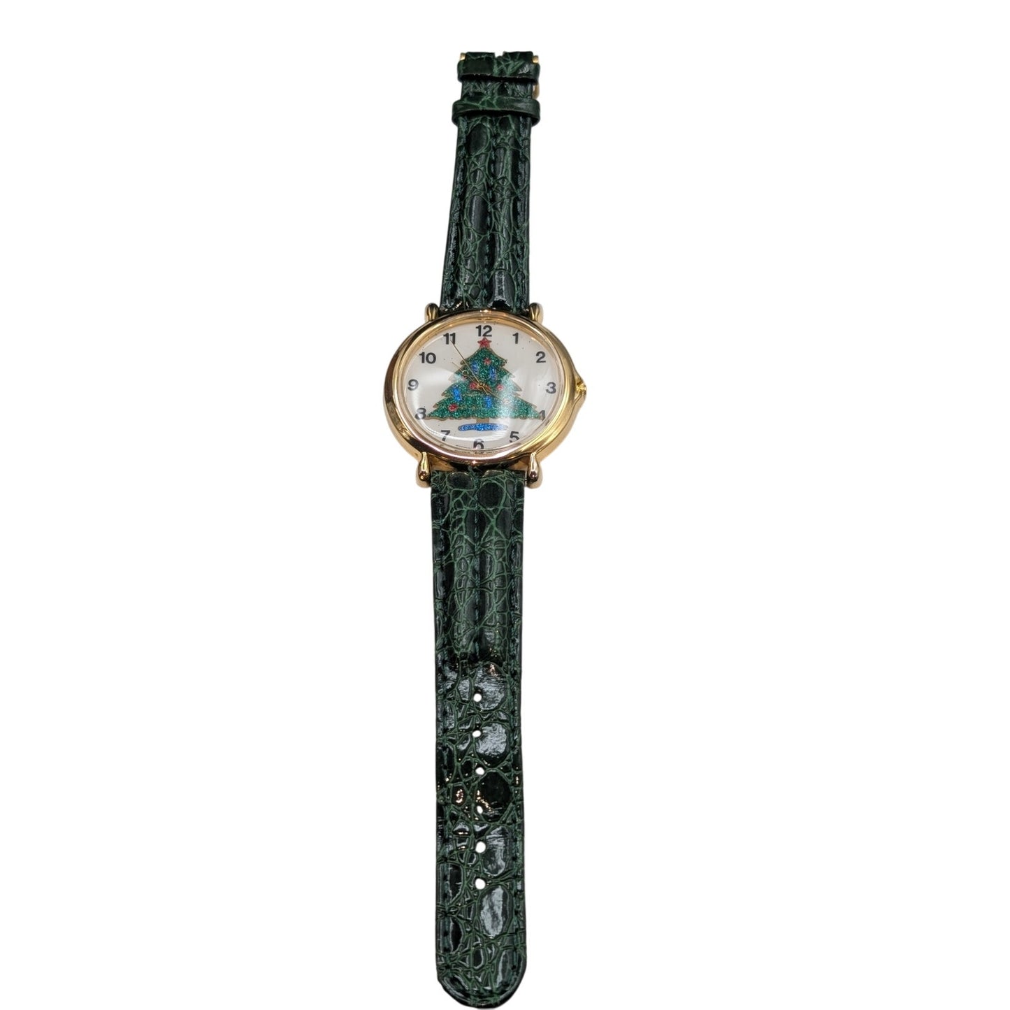 Women's Gold Tone Christmas Tree Dial Green Leather Band Watch