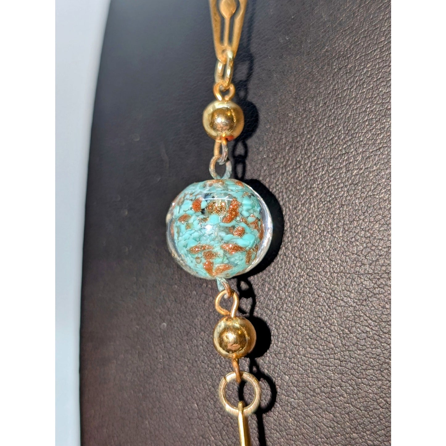 Vintage Blue Gold Glitter Glass Lampwork Pearl Gold Tone Chain Necklace Lot