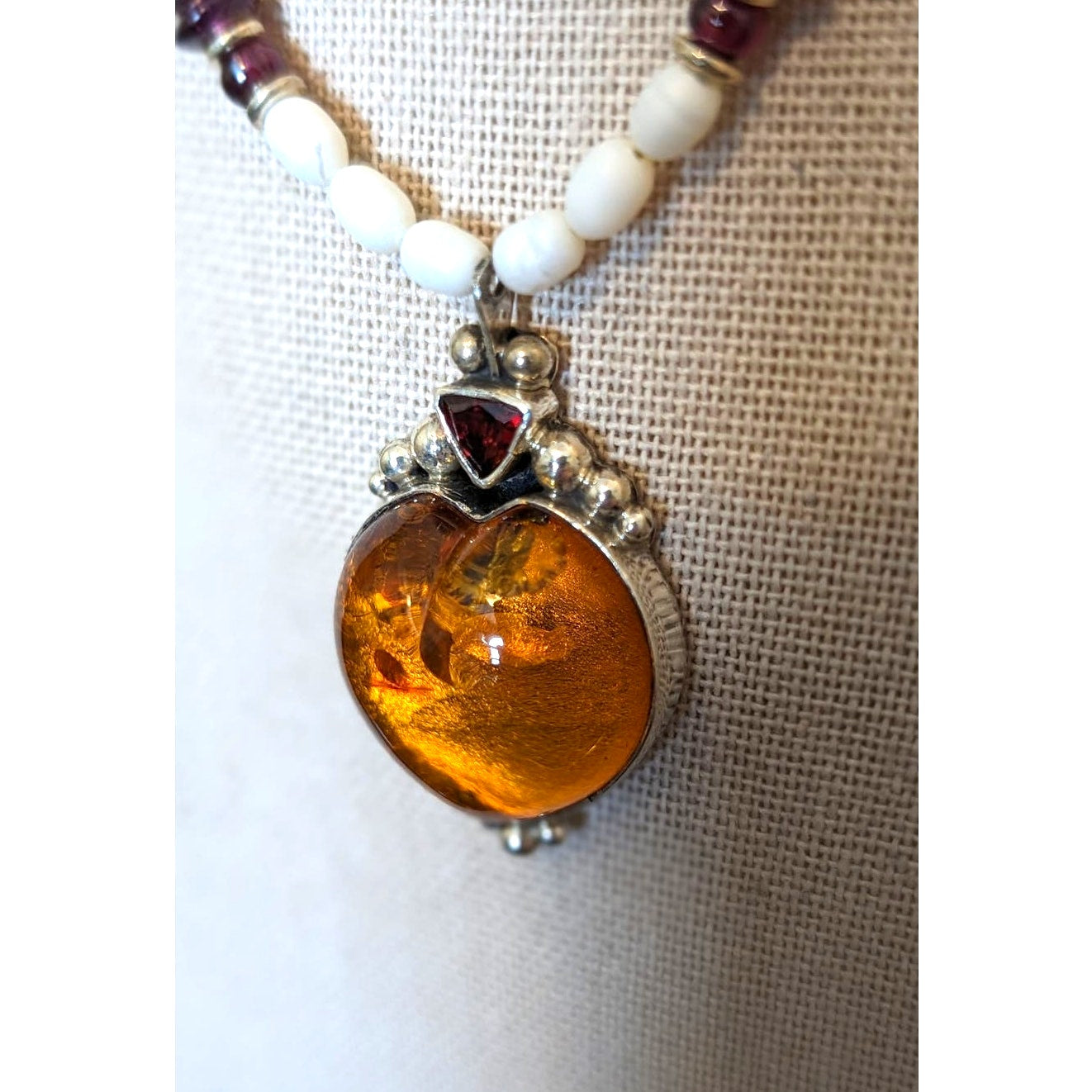 DEL Sterling Amber Heart Amber Garnet Freshwater Pearl Pendant Necklace