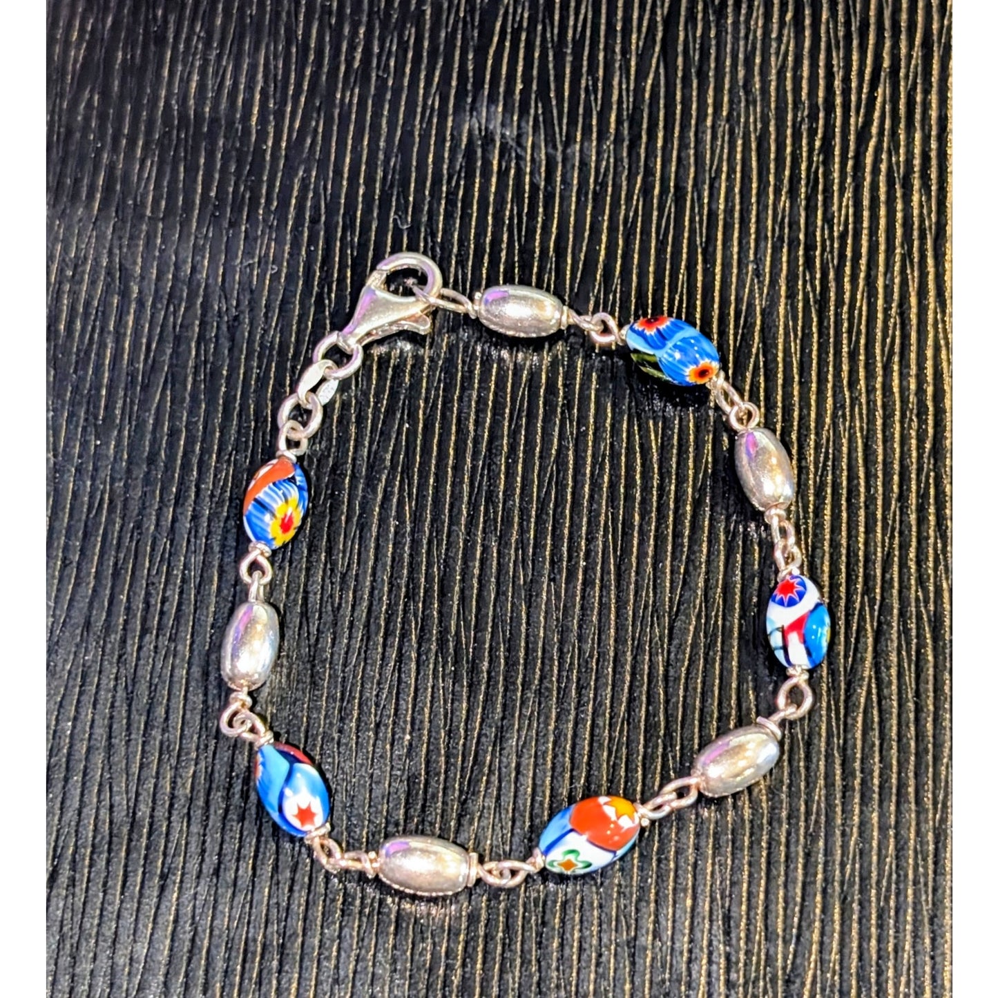 925 Italy Sterling Silver Millifiore Glass Sterling Bead Bracelet