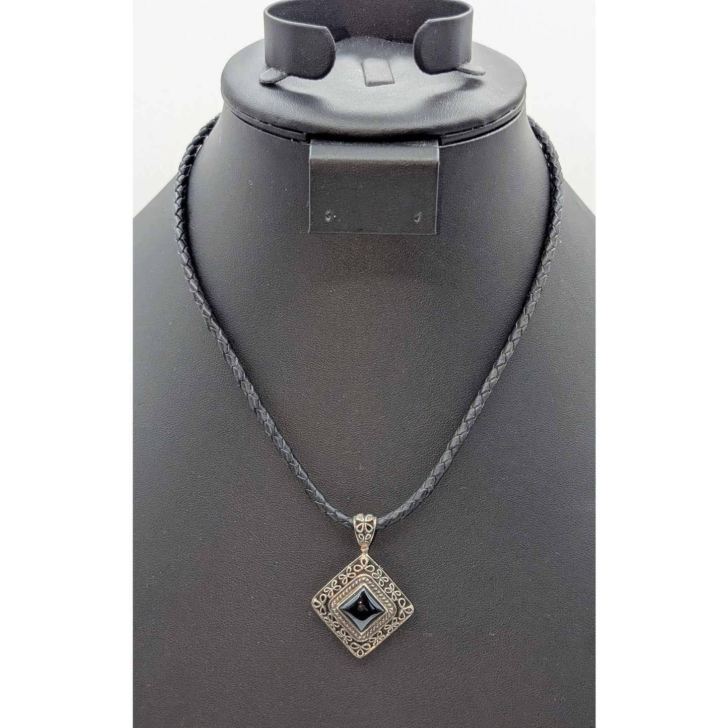 VTG 925 Sterling Silver Black Onyx Filigree Pendant Braided Leather 17" Necklace