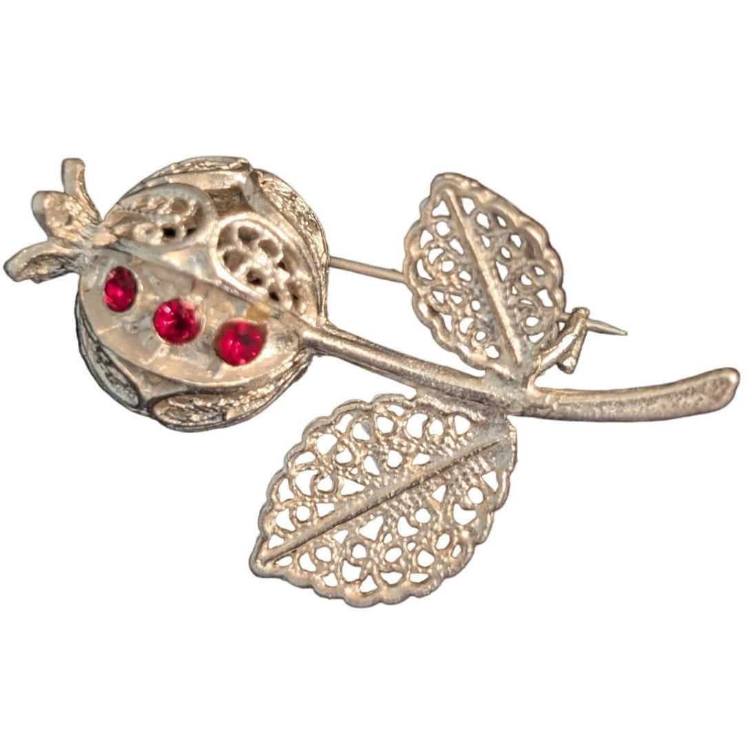 Vintage 1930 Filigree Poppy Ruby Rhinestone Silver Tone Tone Brooch