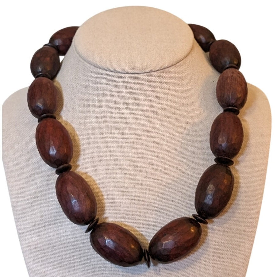 Vintage Chunky Hand Carved Oblong Wood Beaded Tribal Vibe 20" Necklace