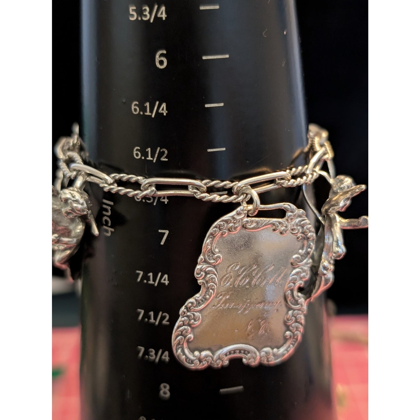 VTG T Foree Hunsicker Sterling Silver Engraved Luggage Tag Cherub Charm Bracelet