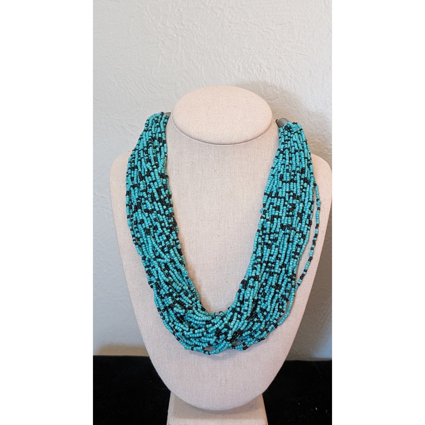 Multi Strand Turquoise and Black Seed Bead 18-22" Necklace