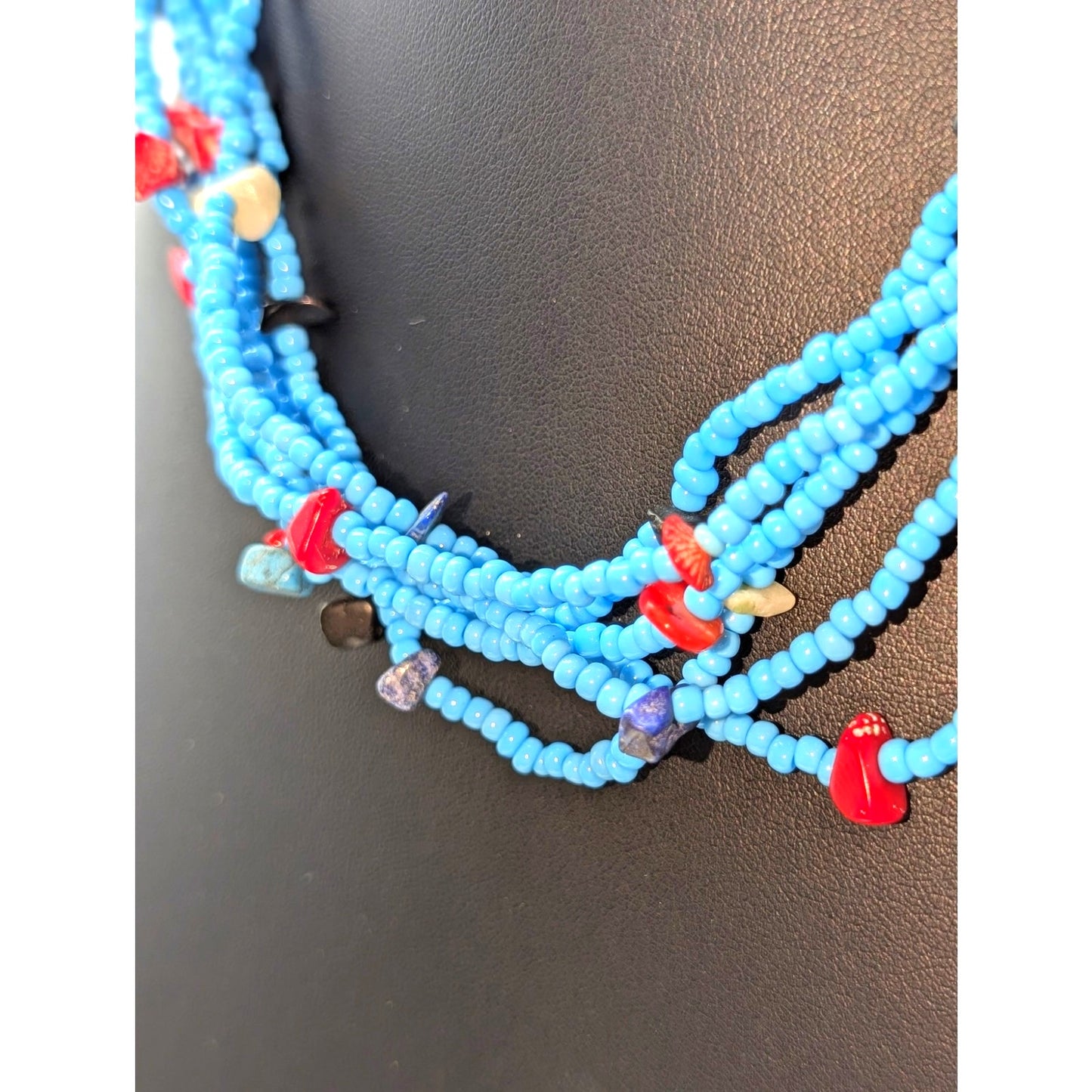 Six Strand Glass Seed Bead Genuine Stone Chip Beaded Button Clasp 20.5" Necklace