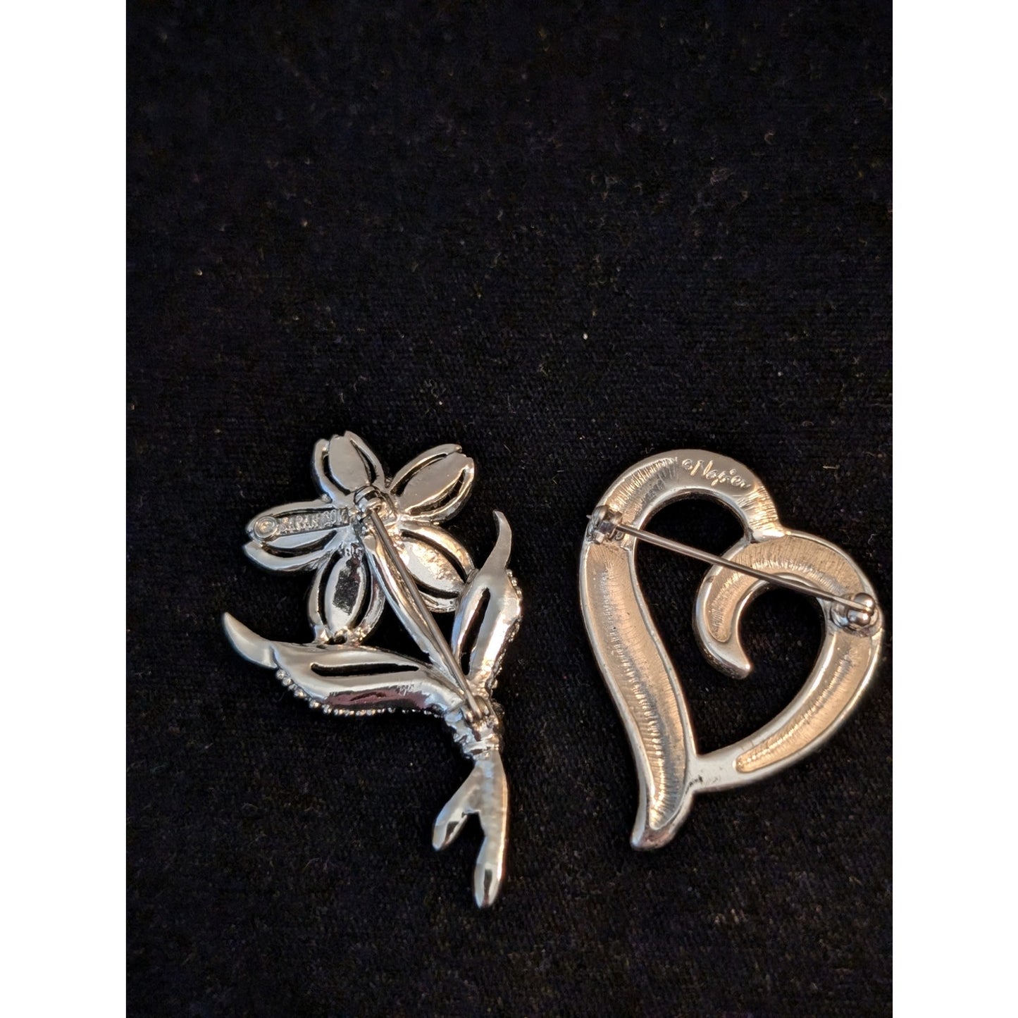 Two Vintage Signed Sarah Cov Flower & Napier Open Heart Brooches