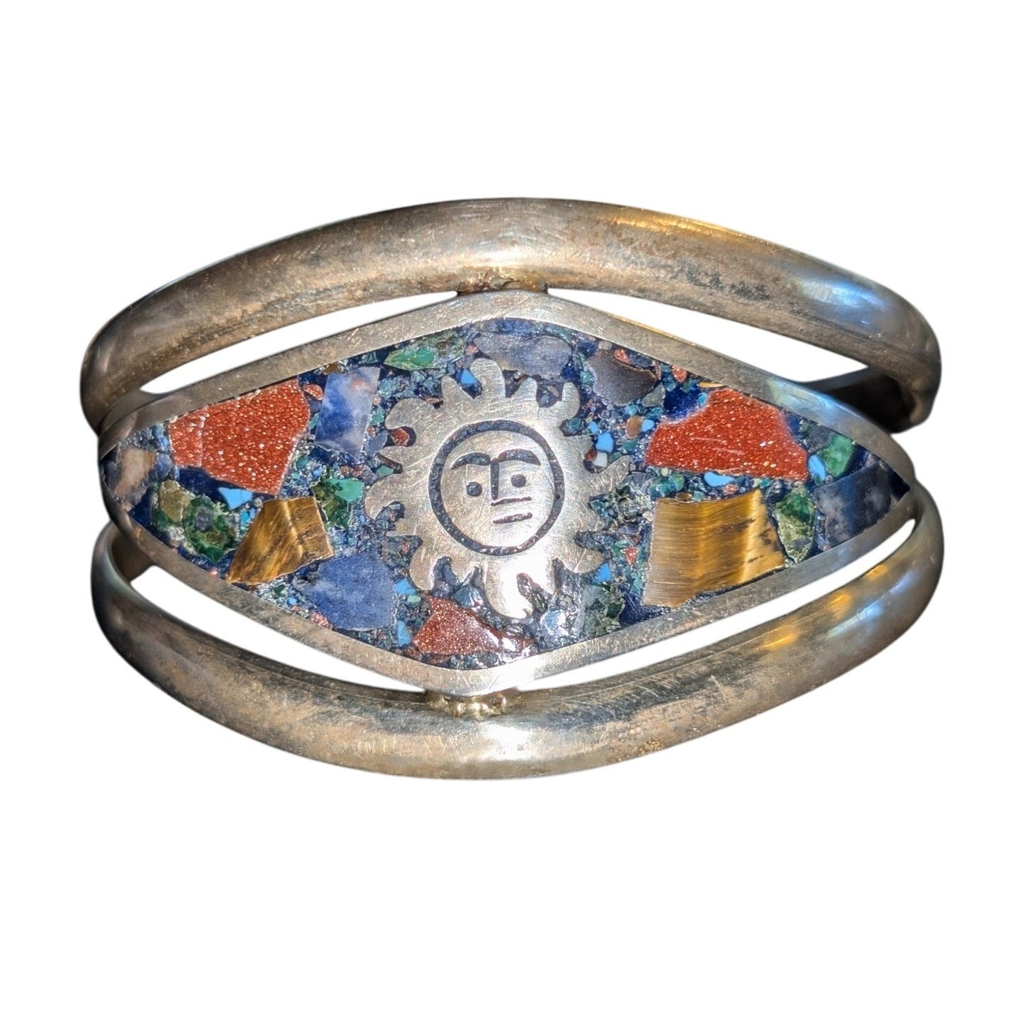 Vintage Mexico Brass Turquoise Tiger Eye Goldstone Inlay Sun Cuff Bracelet