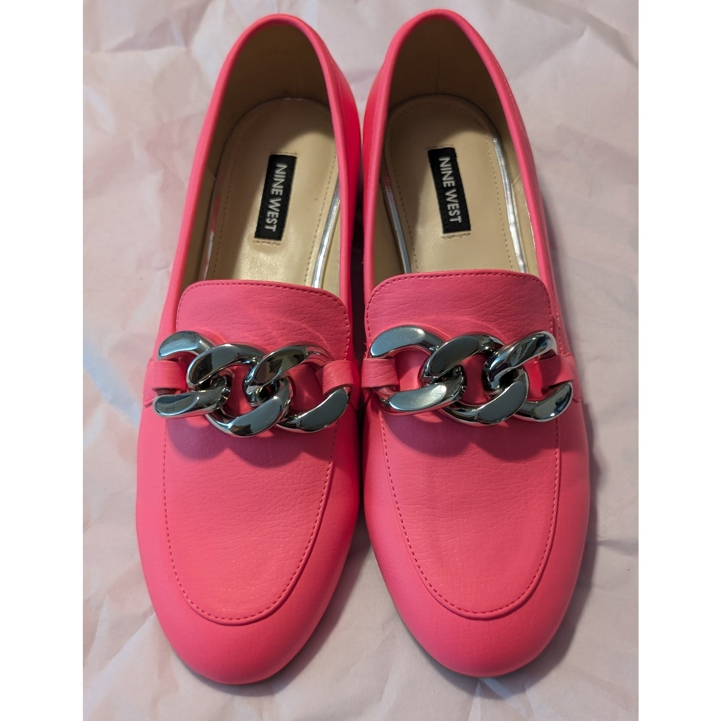 Nine West Neon Pink Silver Chain Round Toe Loafer Women's Size 8.5