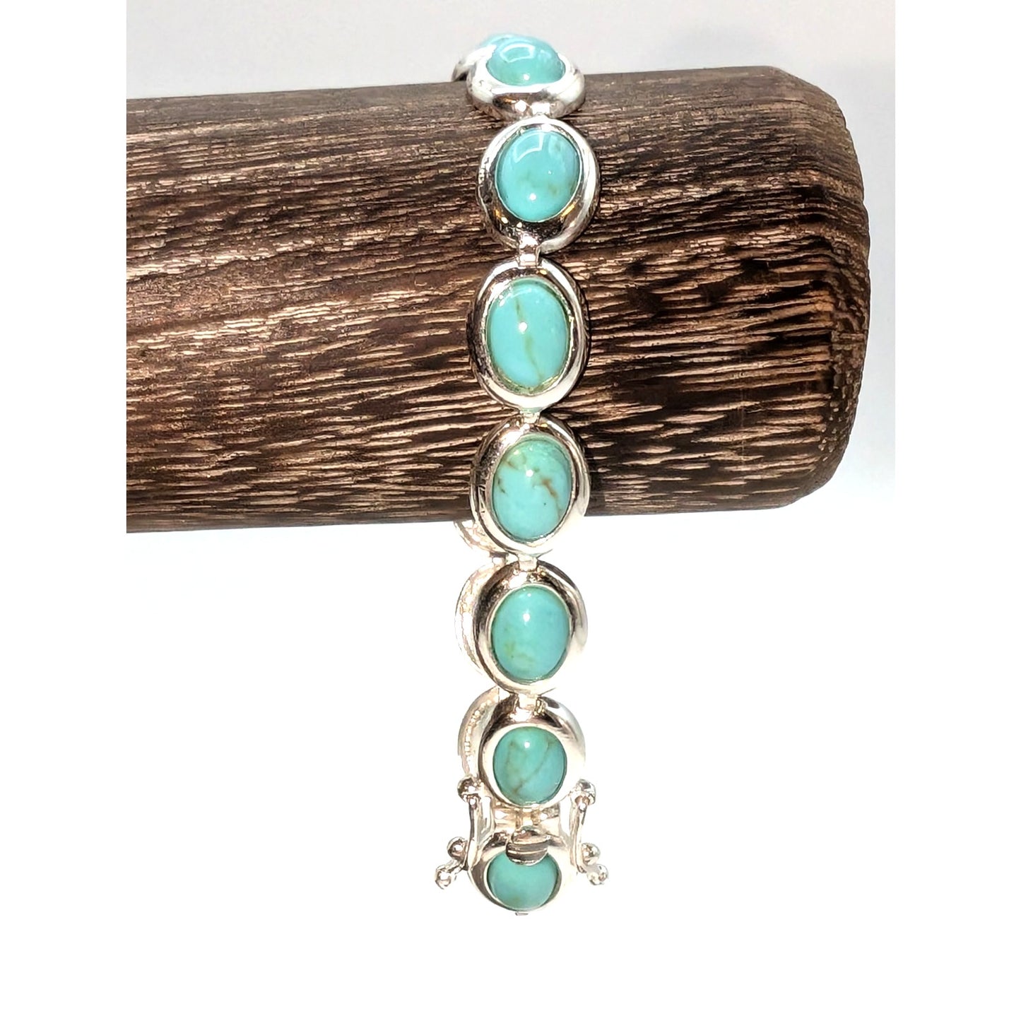 925 Sterling Silver Bracelet W/ Oval Set Reconstituted Turquoise Stone