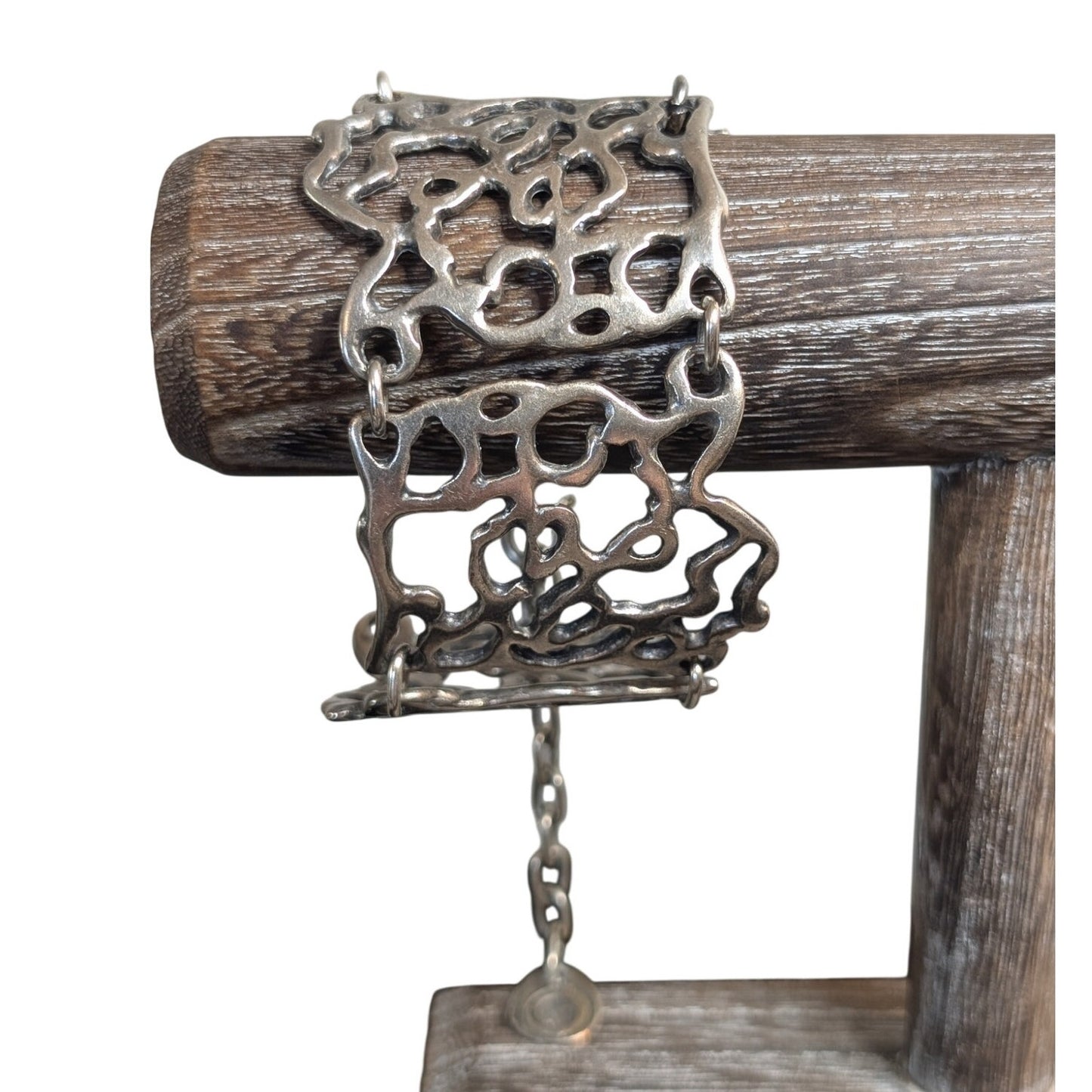 Mozaic Chunky Brutalist Filigree Chain Link Silver Tone Bracelet W/ Hook Clasp