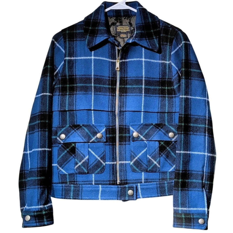 Pendleton Blue Black Green White Plaid Classic Bomber Jacket Women's Size XS