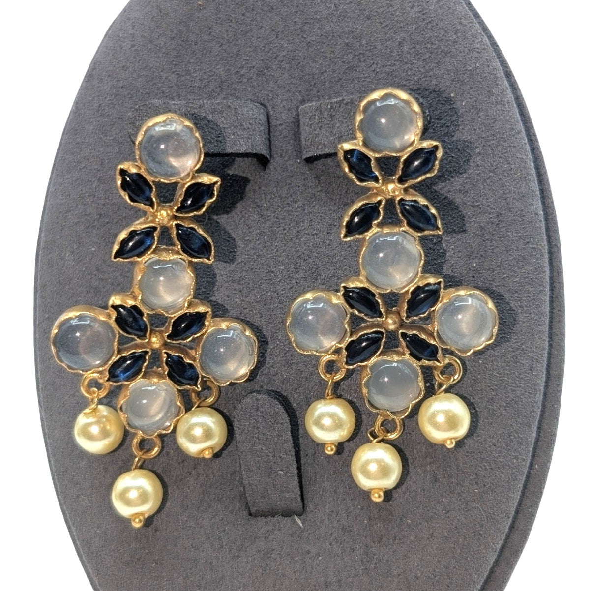 Well Made Gold Tone Non Metallic Blue Glass Pearl Dangle Long Post Earrings
