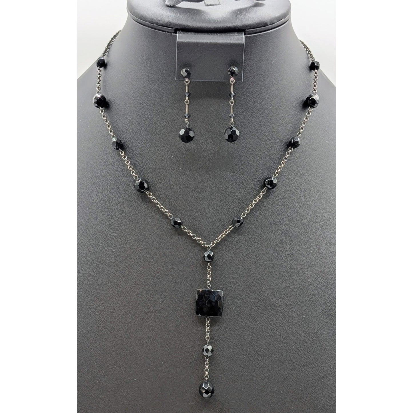 Black Crystal Gun Metal Y-Drop Chain 15"-17.5" Necklace & Matching Earring Set