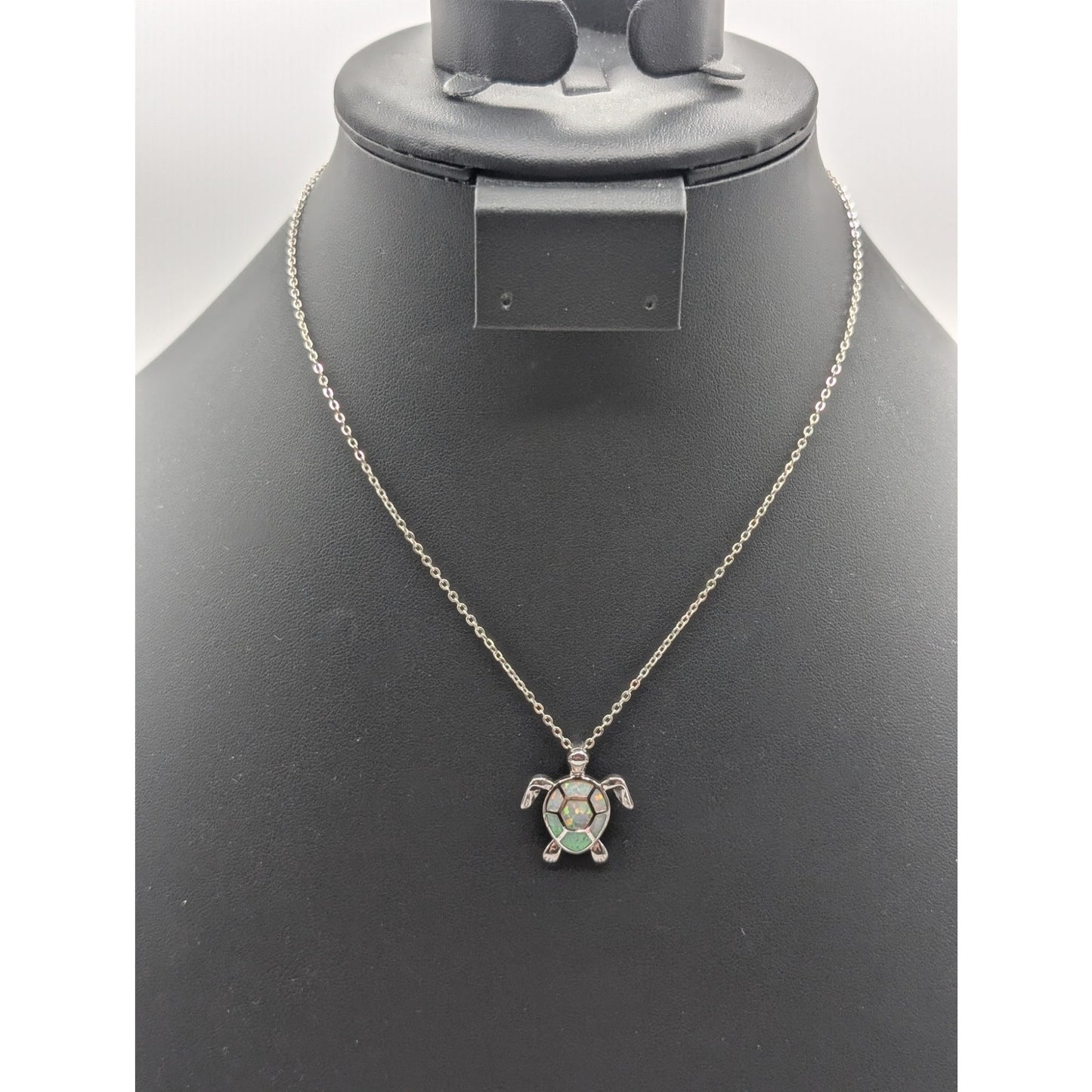 Silver Tone Faux Opal Inlay Turtle Pendant Chain 18" Necklace