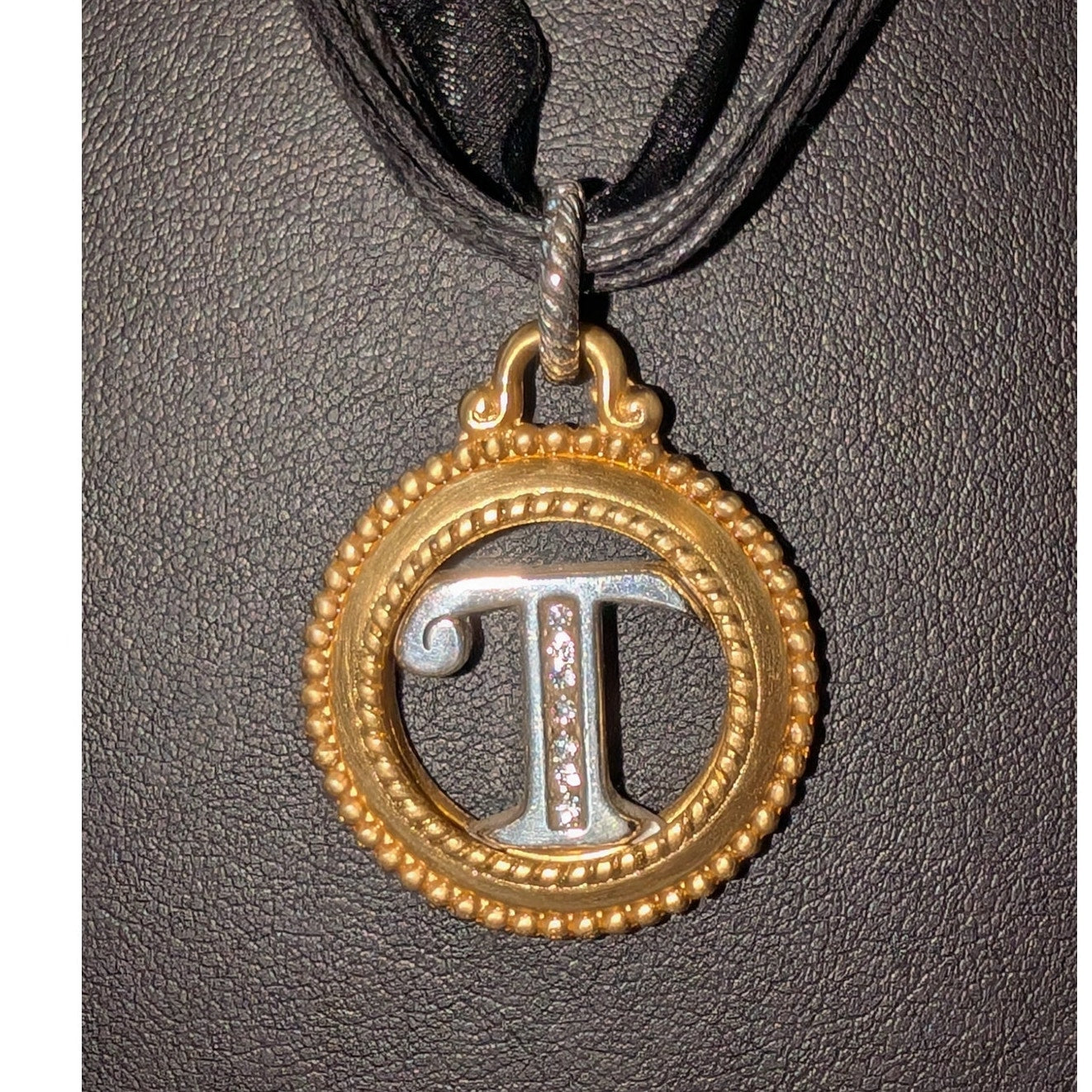 Brighton Silver & Gold Tone 'T' Monogram Pendant Ribbon Cord 18.5"-20" Necklace