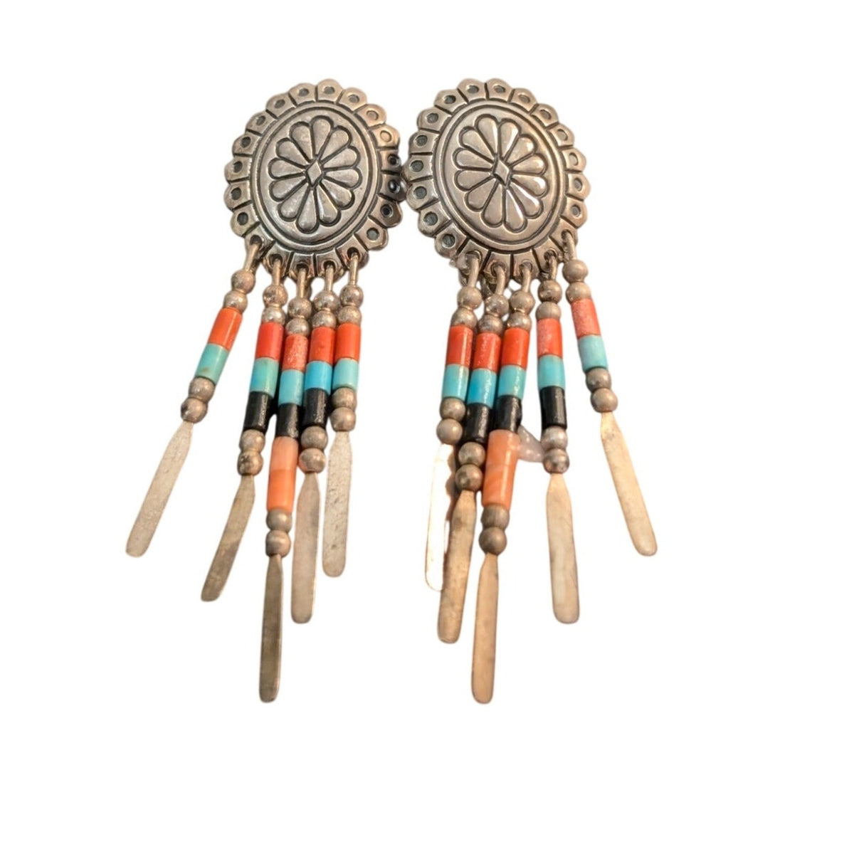 Vintage QT Sterling Silver Concho Medallion Beaded Dangles Post Earrings