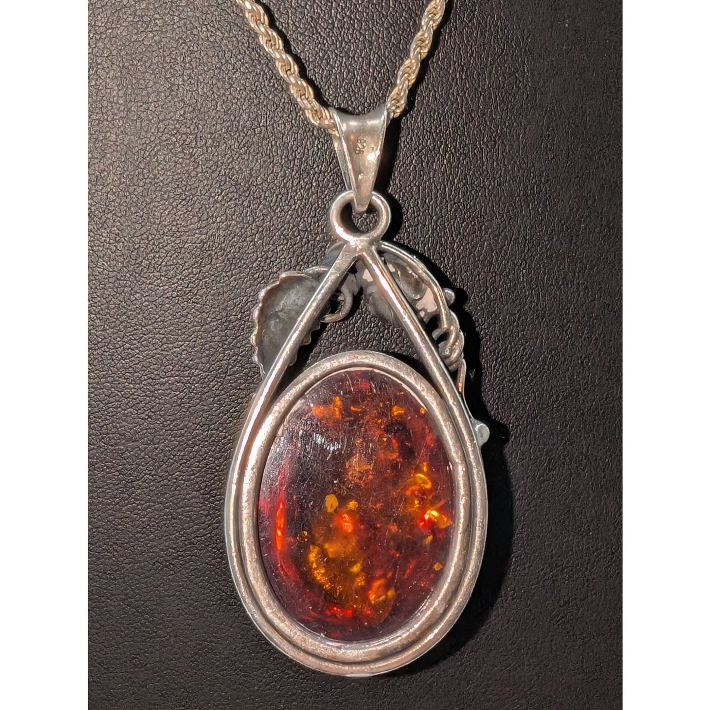 Vintage Large Baltic Amber Sterling Silver Rose Leaf Design Pendant Necklace